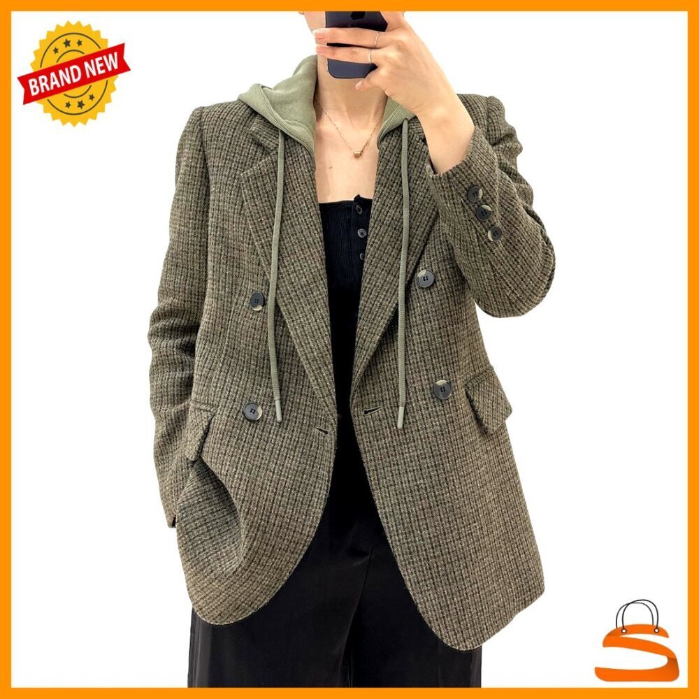 Oversized Hooded Blazer Jacket Double-Breasted Work Office Suit Loose Fit Lined